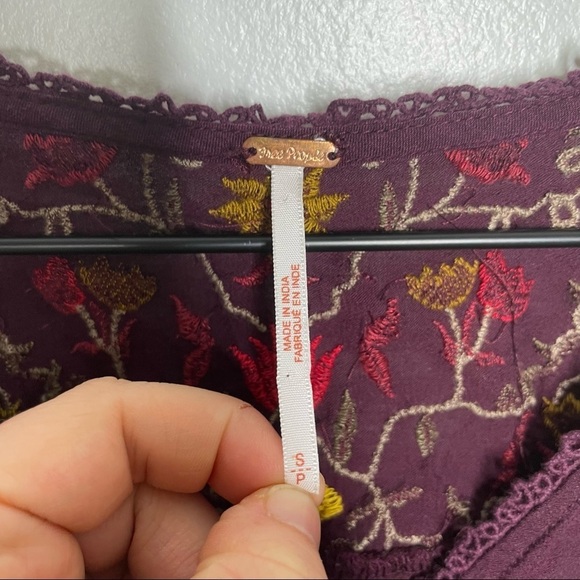 Free People Ava Embroidered Floral Burgundy Peasant Crop Long Sleeve Blouse S - Picture 7 of 13